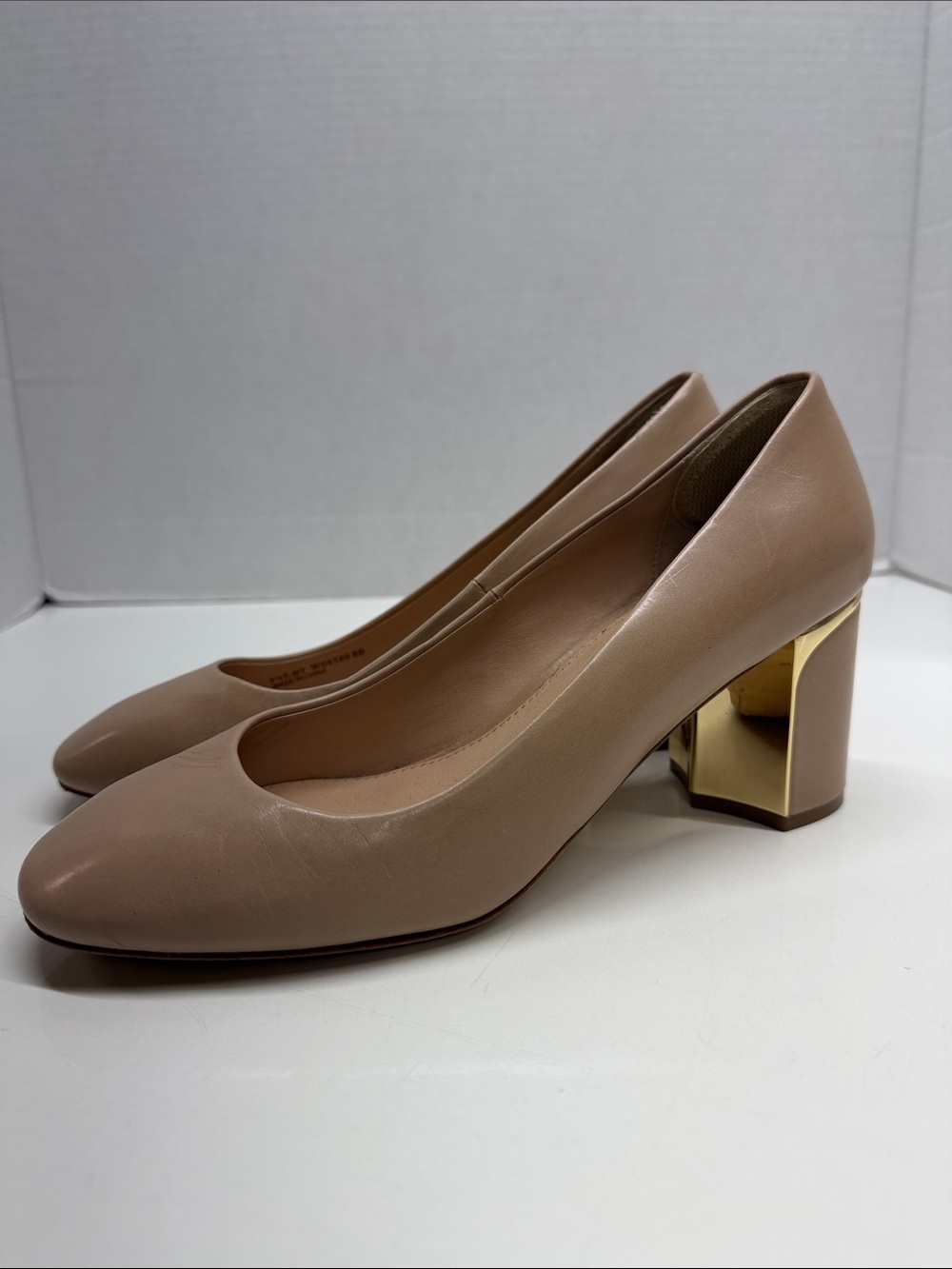 Cole Haan High Heel Shoes Block Heels Soft Leather Neutral Nude Tan Gold Size 8